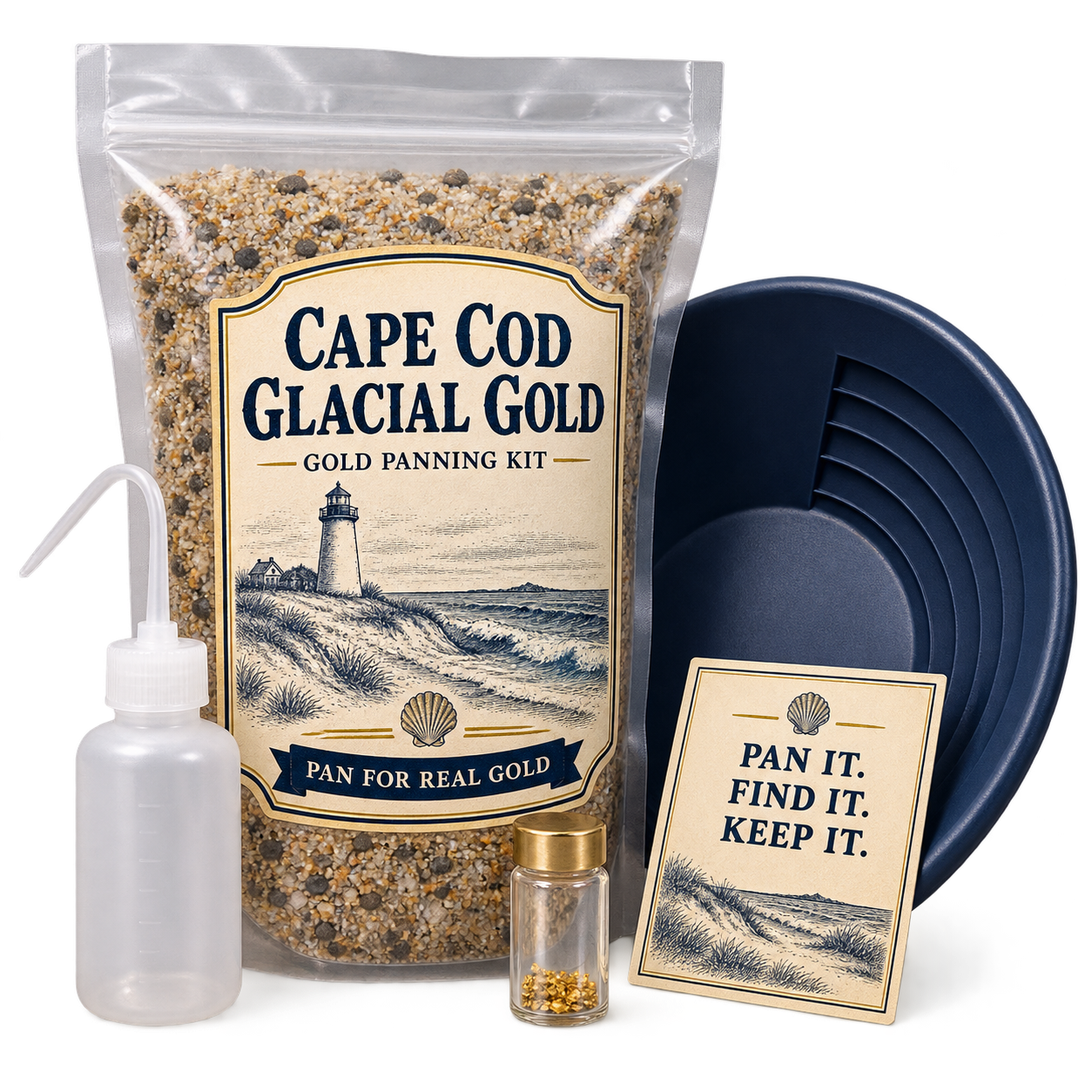 Cape Cod Glacial Gold product mockup: labeled bag of sand, gold pan, snuffer bottle, collector vial, and geology card